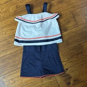 Navy and White Two-Piece Set with Orange Accents
